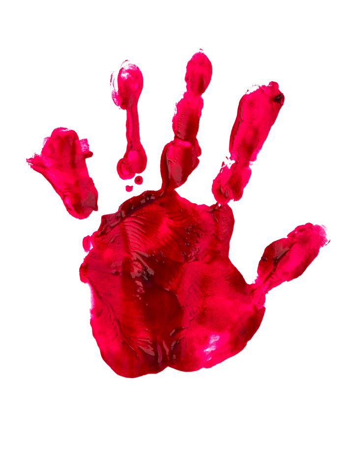 Nature and Nurture: Bloody print of a hand and fingers on white wall