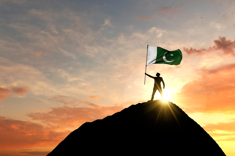 pakistan flag on top of a mountain, 2047 concept of sustainable development
